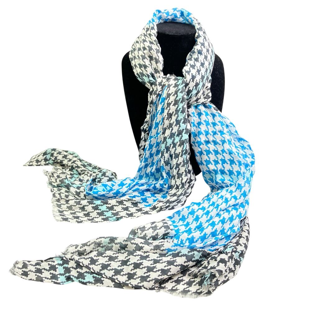 Black, White, & Blue Houndstooth Lightweight Fashion Scarf 72” X 25.5”